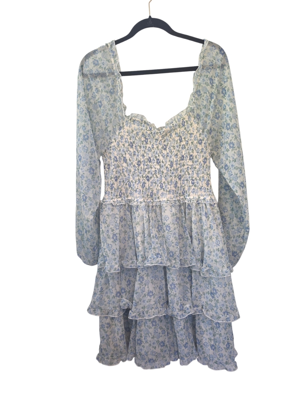 Ultra Flirt Smocked Floral Tiered Mini Dress - Light Blue Size 1X